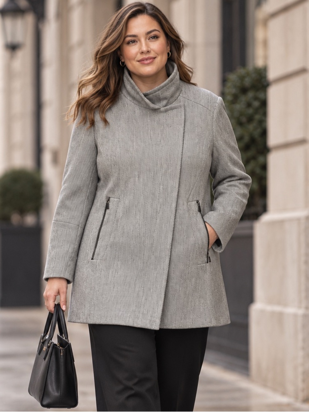 NEXT Grey Wool Blend Funnel Neck Asymmetrical Coat UK 18/US 14